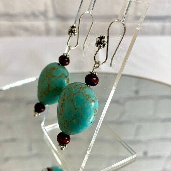 REIMAGINED Faux Turquoise Heart Dangle Hook Earrings - Picture 2 of 4